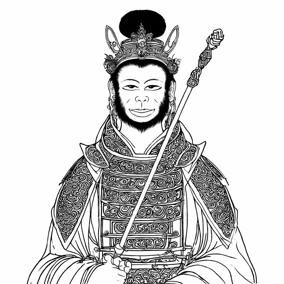 Sun Wukong the Monkey King standing on a mountain crag with his golden staff — gongbi baimiao fine-line ink illustration