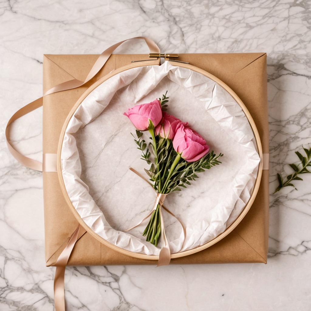 Custom embroidery hoop being wrapped as a gift