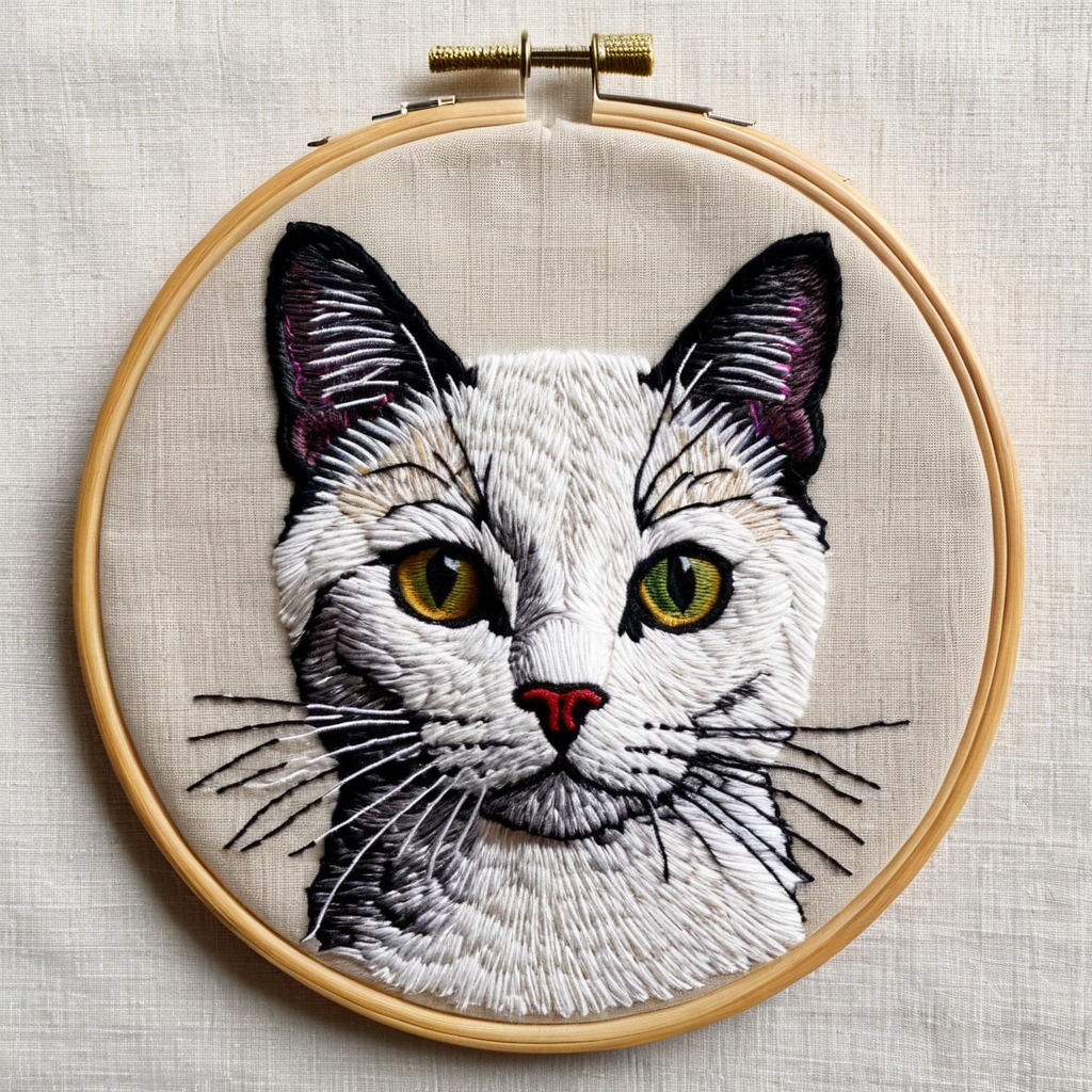 Hand embroidered pet portrait in bamboo hoop