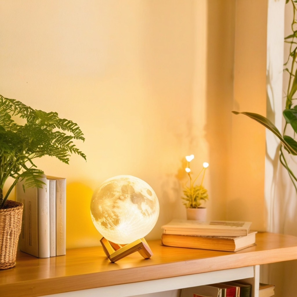 Custom moon lamp glowing in dark room