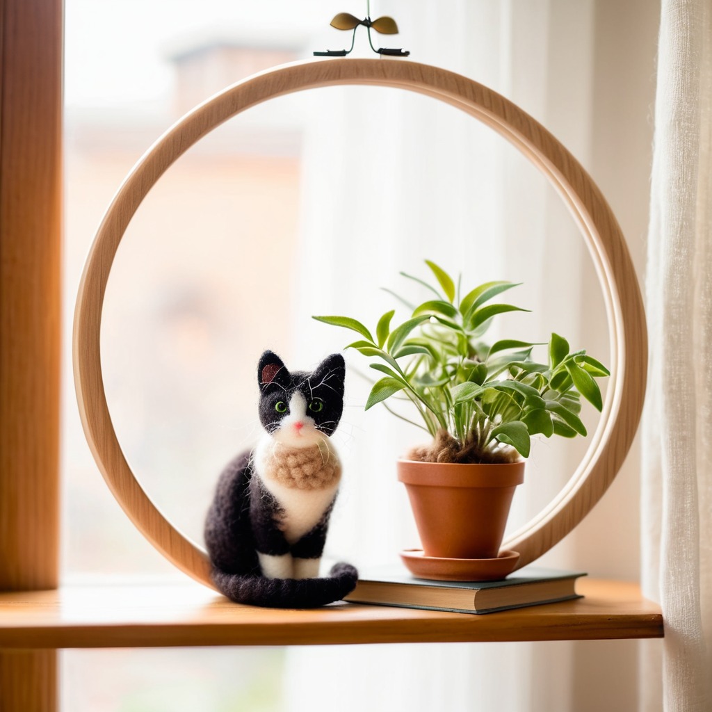 Custom needle felted cat portrait displayed on bookshelf