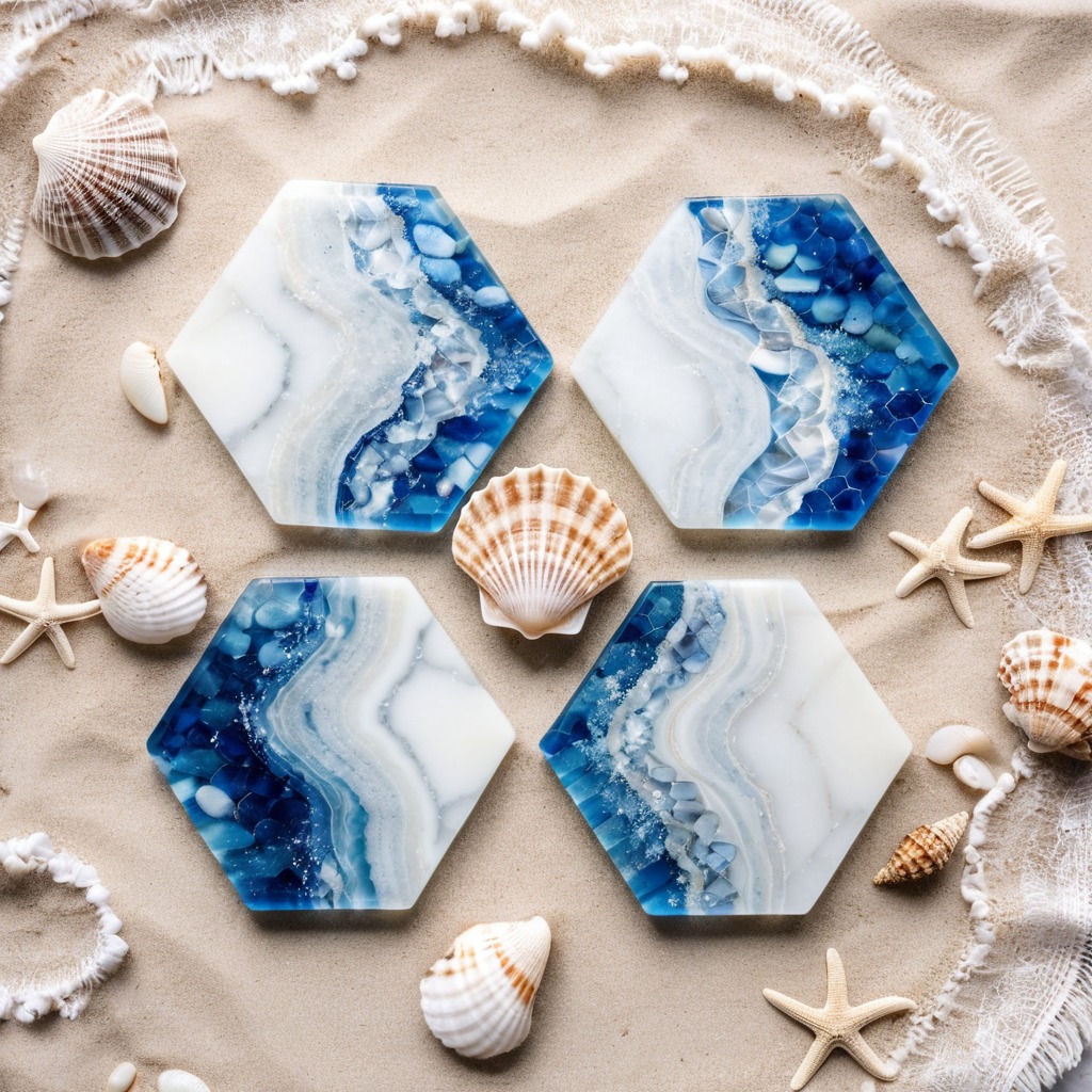 Handmade ocean resin coasters with blue waves and seashells